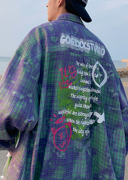 Green Tie Dye Plaid Oversized Cotton Shirts Spring