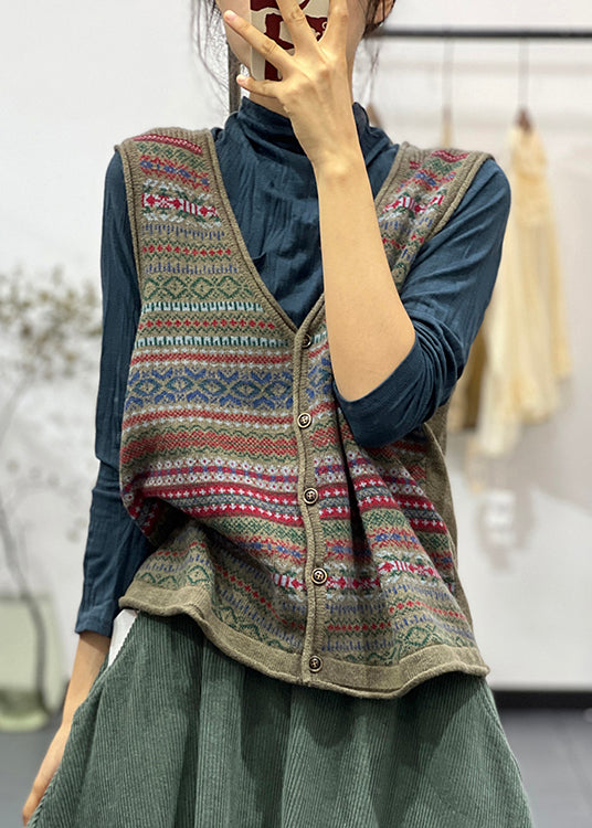 Green V Neck Button Cotton Knit Waistcoat Sleeveless