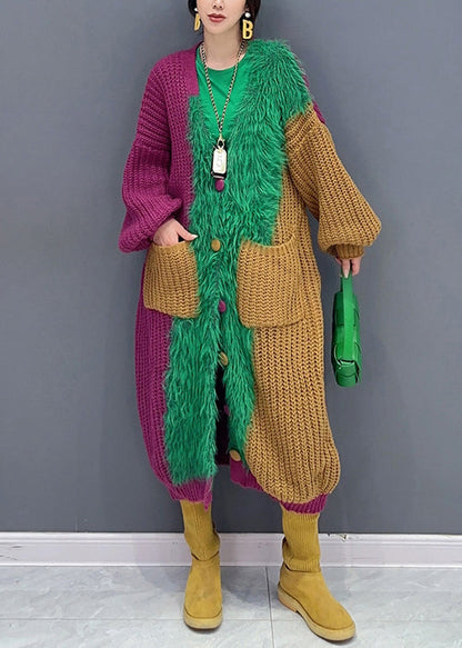Green V Neck Button Pockets Patchwork Knit Cardigan Fall