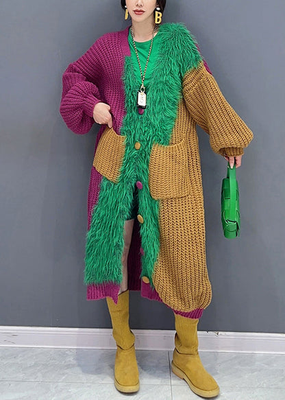 Green V Neck Button Pockets Patchwork Knit Cardigan Fall