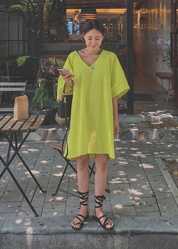 Green V Neck Linen Mid Dresses Half Sleeve