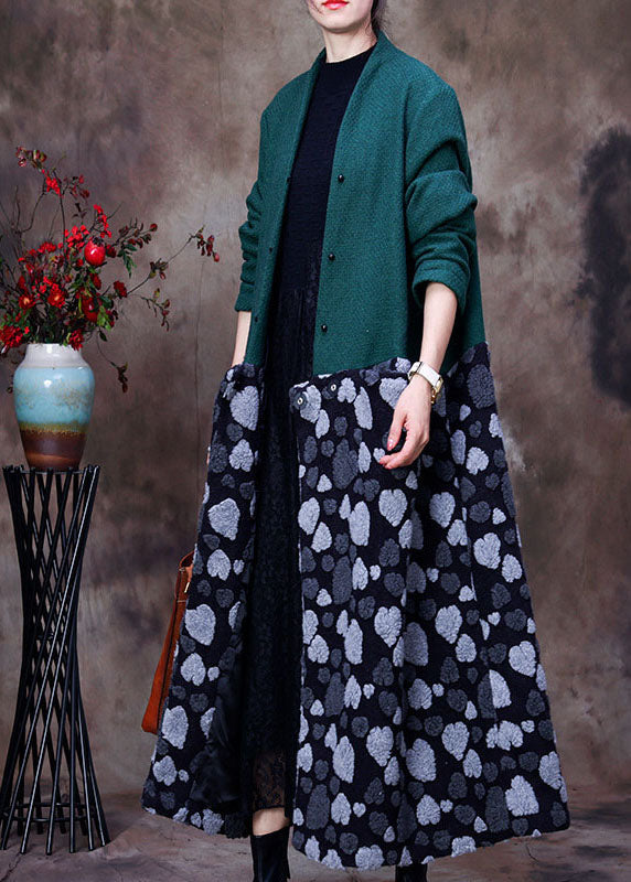 Green V Neck Patchwork Cashmere Coats Winter