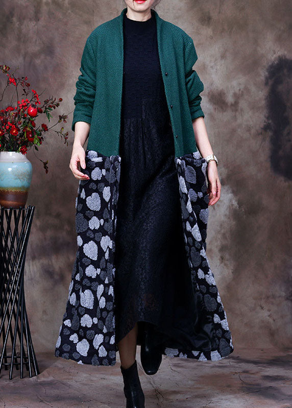 Green V Neck Patchwork Cashmere Coats Winter