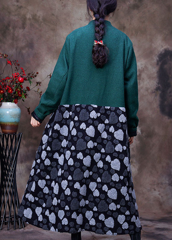 Green V Neck Patchwork Cashmere Coats Winter