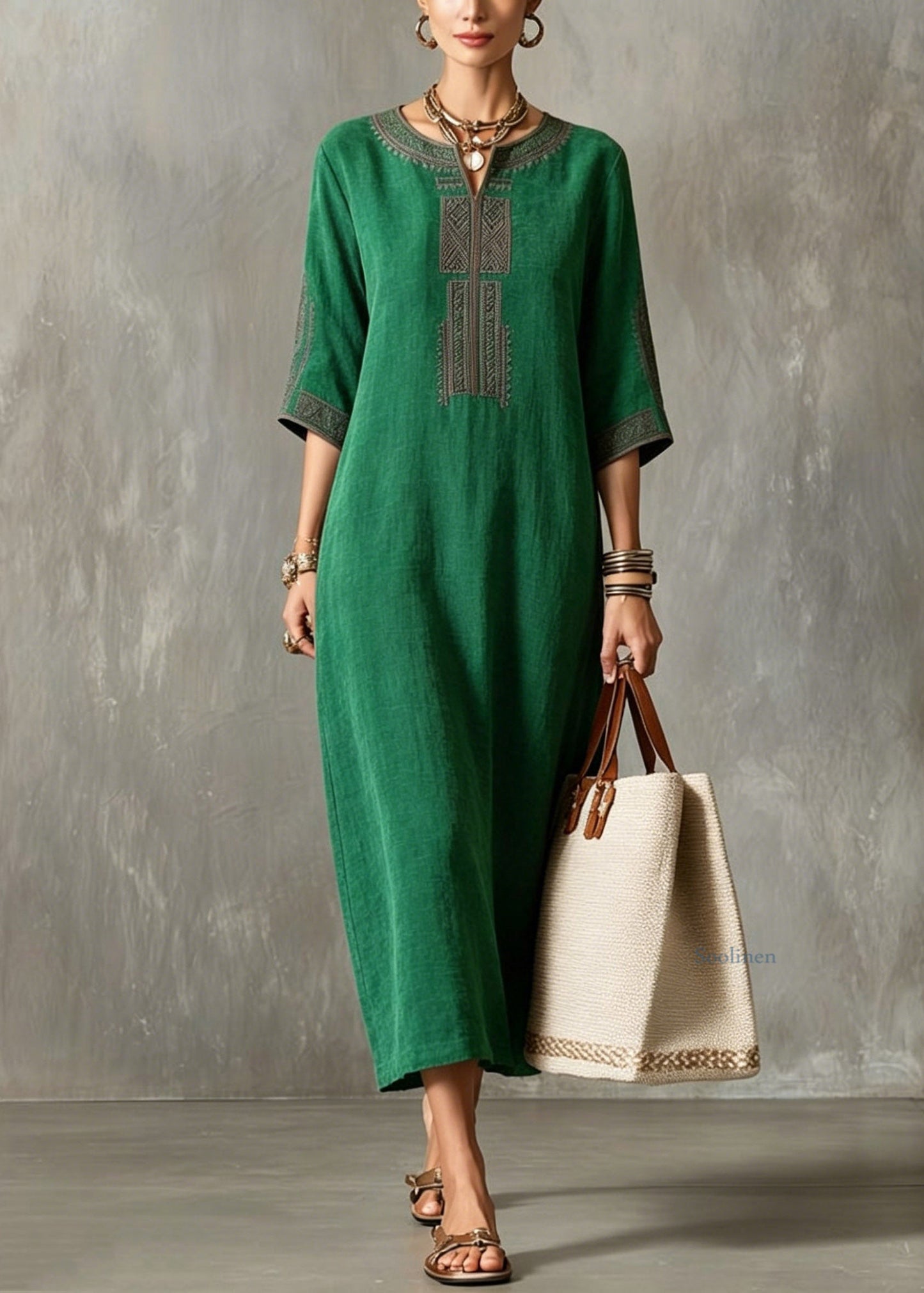 Green V Neck Patchwork Silk Long Dresses Half Sleeve