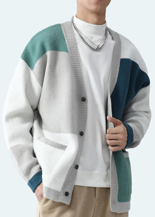 Green V Neck Pockets Patchwork Knit Cardigan Spring