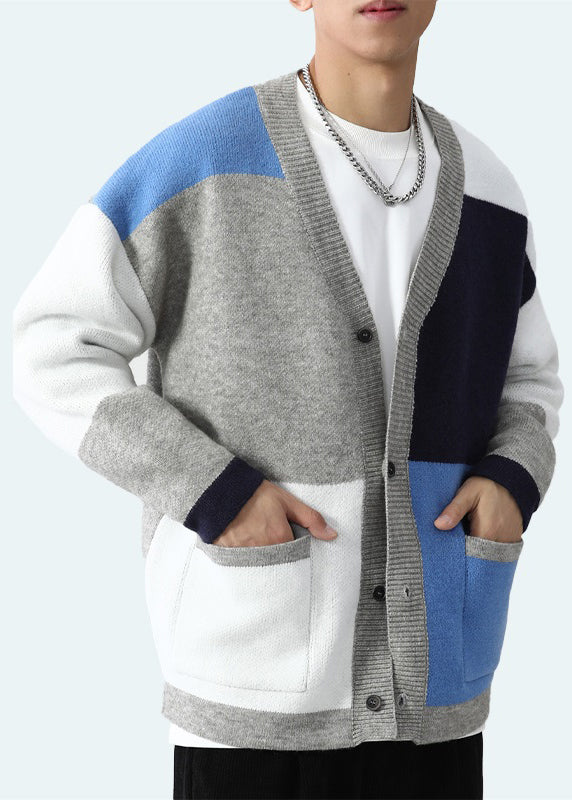 Green V Neck Pockets Patchwork Knit Cardigan Spring