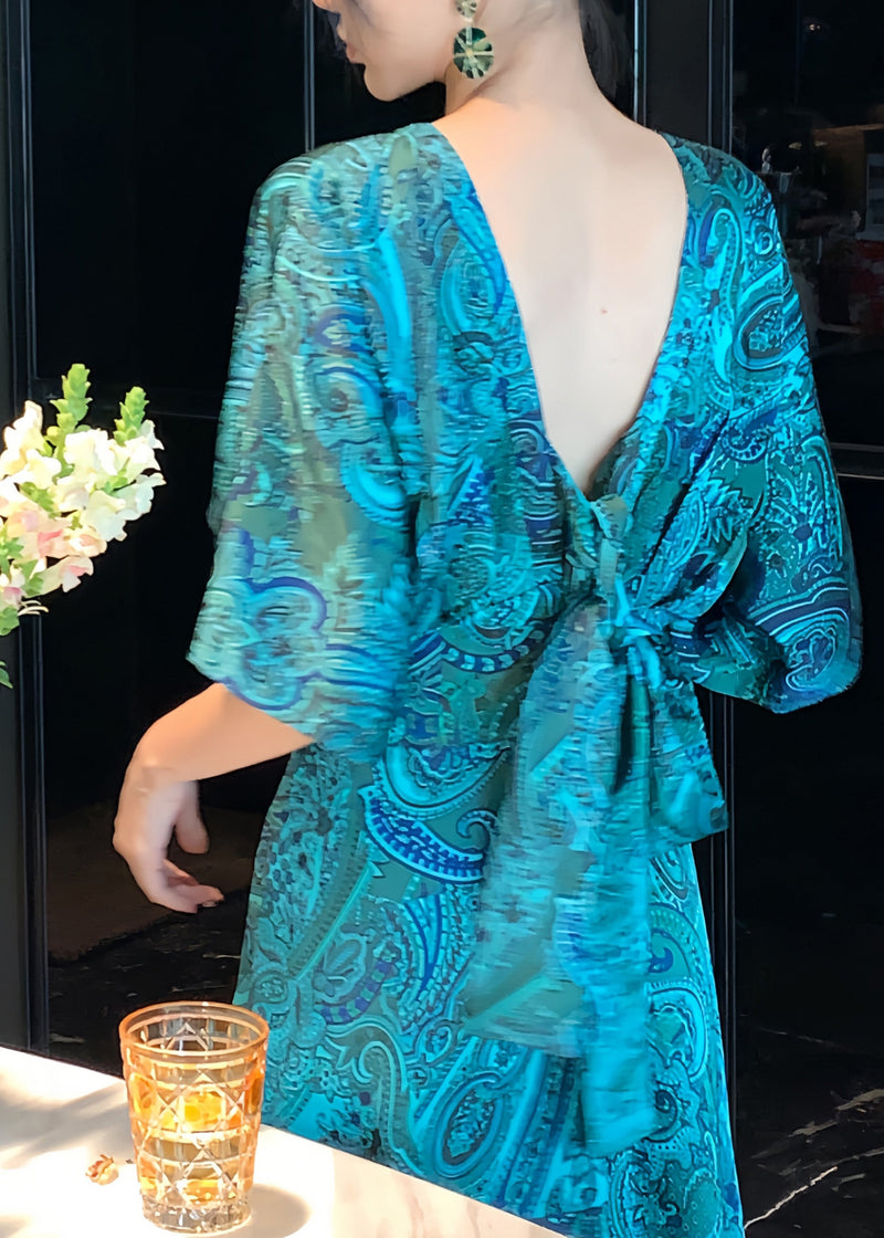 Green V Neck Print Backless Silk Maxi Dresses Long Sleeve
