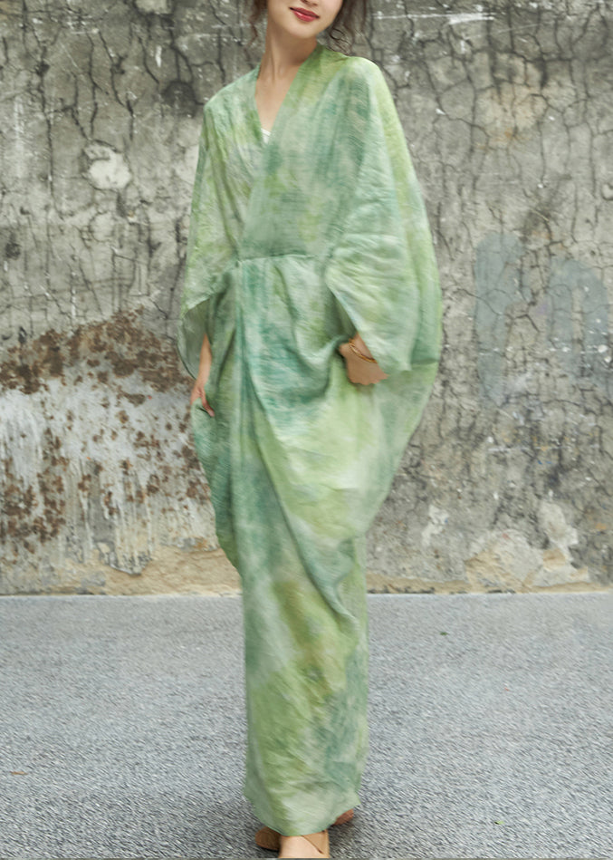 Green V Neck Print Linen Two Pieces Set Batwing Sleeve