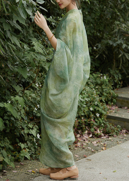 Green V Neck Print Linen Two Pieces Set Batwing Sleeve