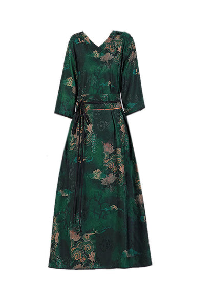 Green V Neck Print Wear on Both Sides Silk Long Dresses Bracelet Sleeve
