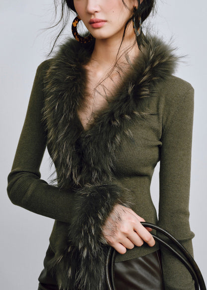Green V Neck Raccoon Hair Collar Patchwork Woolen Knit Sweaters Spring