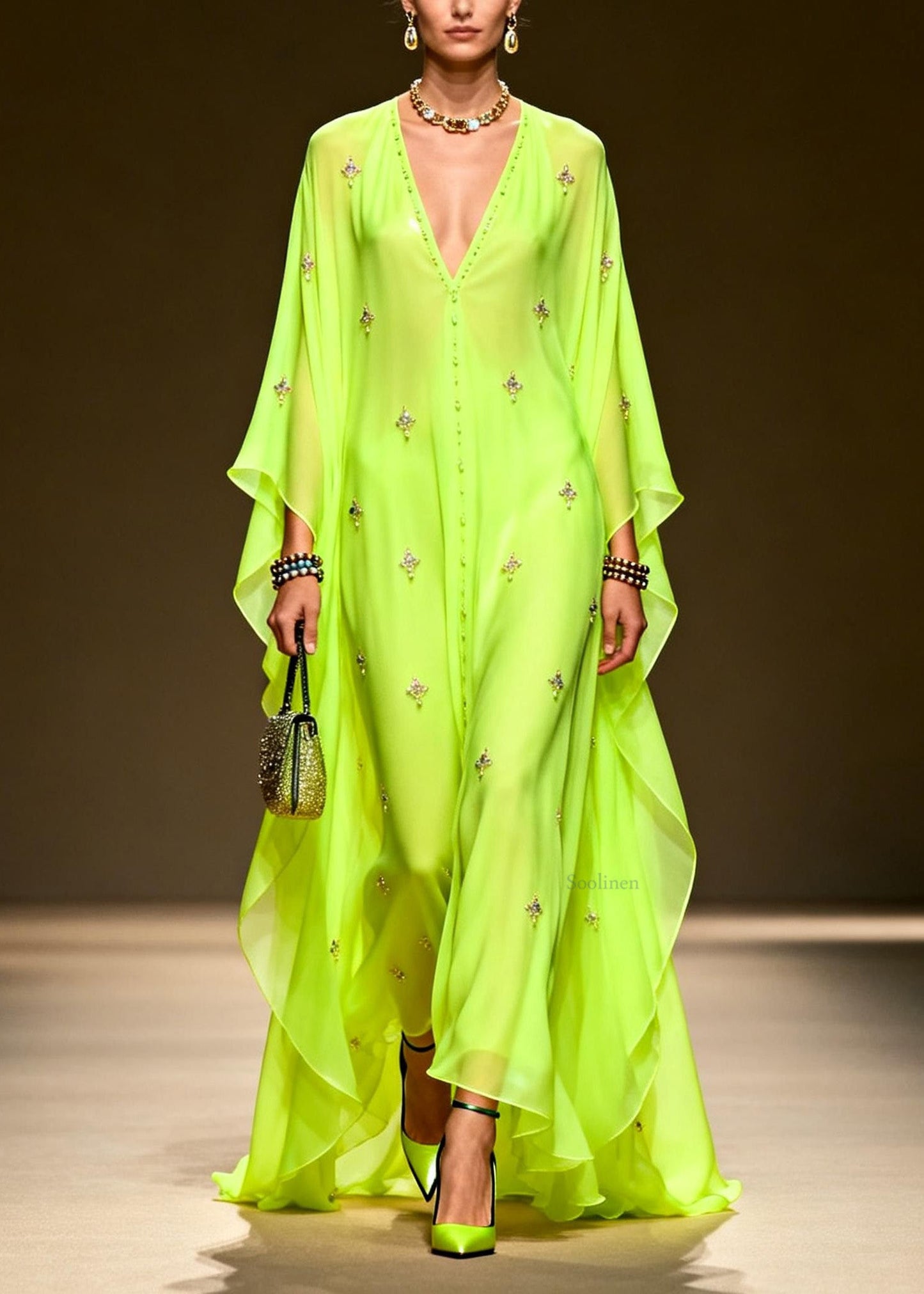 Green V Neck Zircon Chiffon Maxi Dress Spring