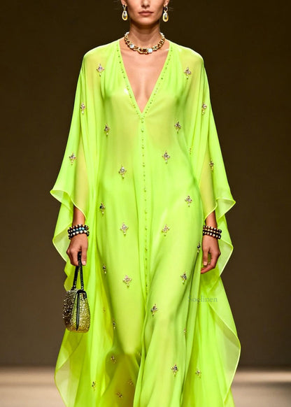 Green V Neck Zircon Chiffon Maxi Dress Spring