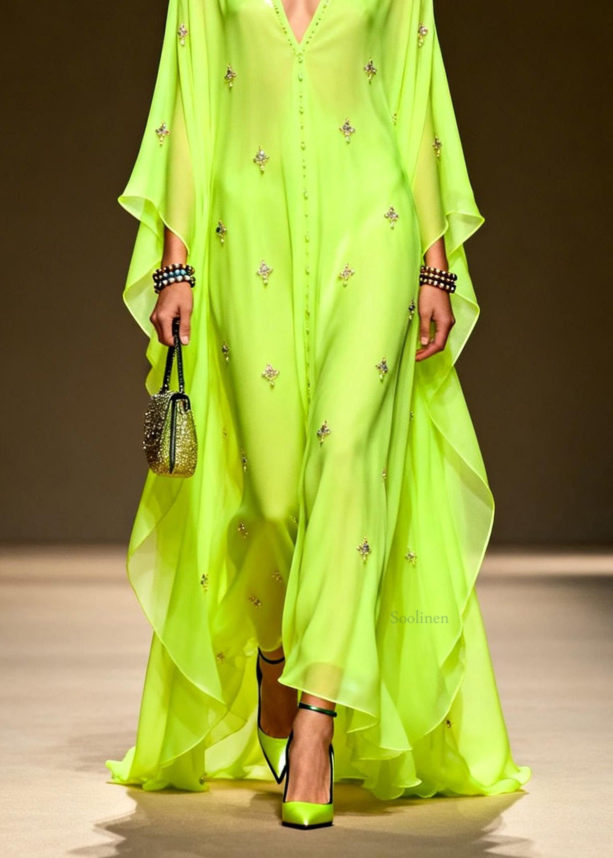 Green V Neck Zircon Chiffon Maxi Dress Spring
