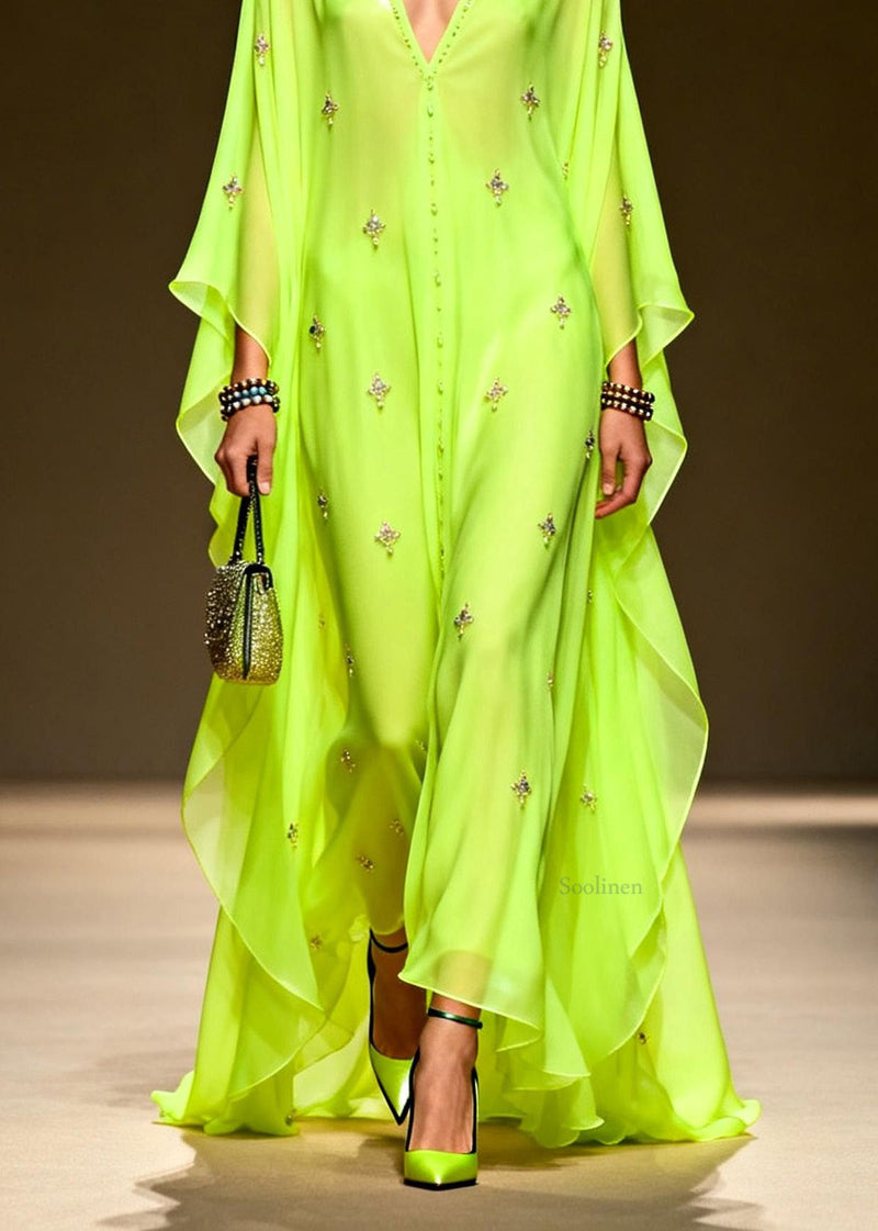 Green V Neck Zircon Chiffon Maxi Dress Spring