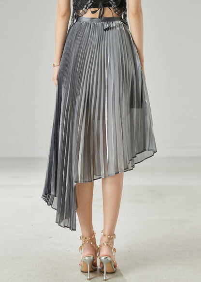 Grey Asymmetrical Design Chiffon Pleated Skirt Summer