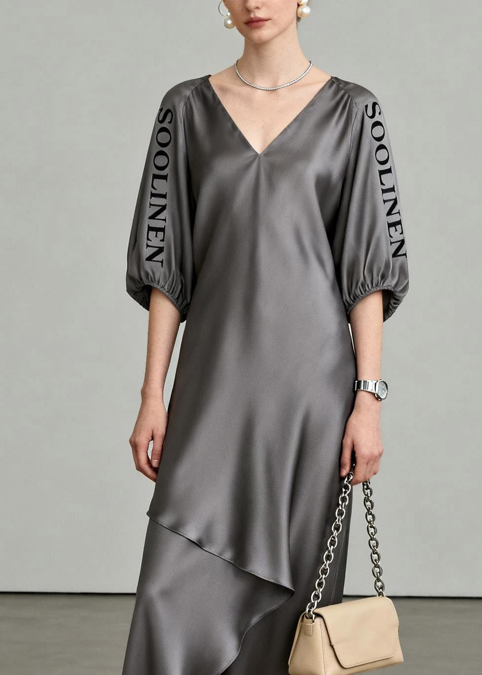 Grey Asymmetrical Maxi Dresses V Neck Lantersleeve