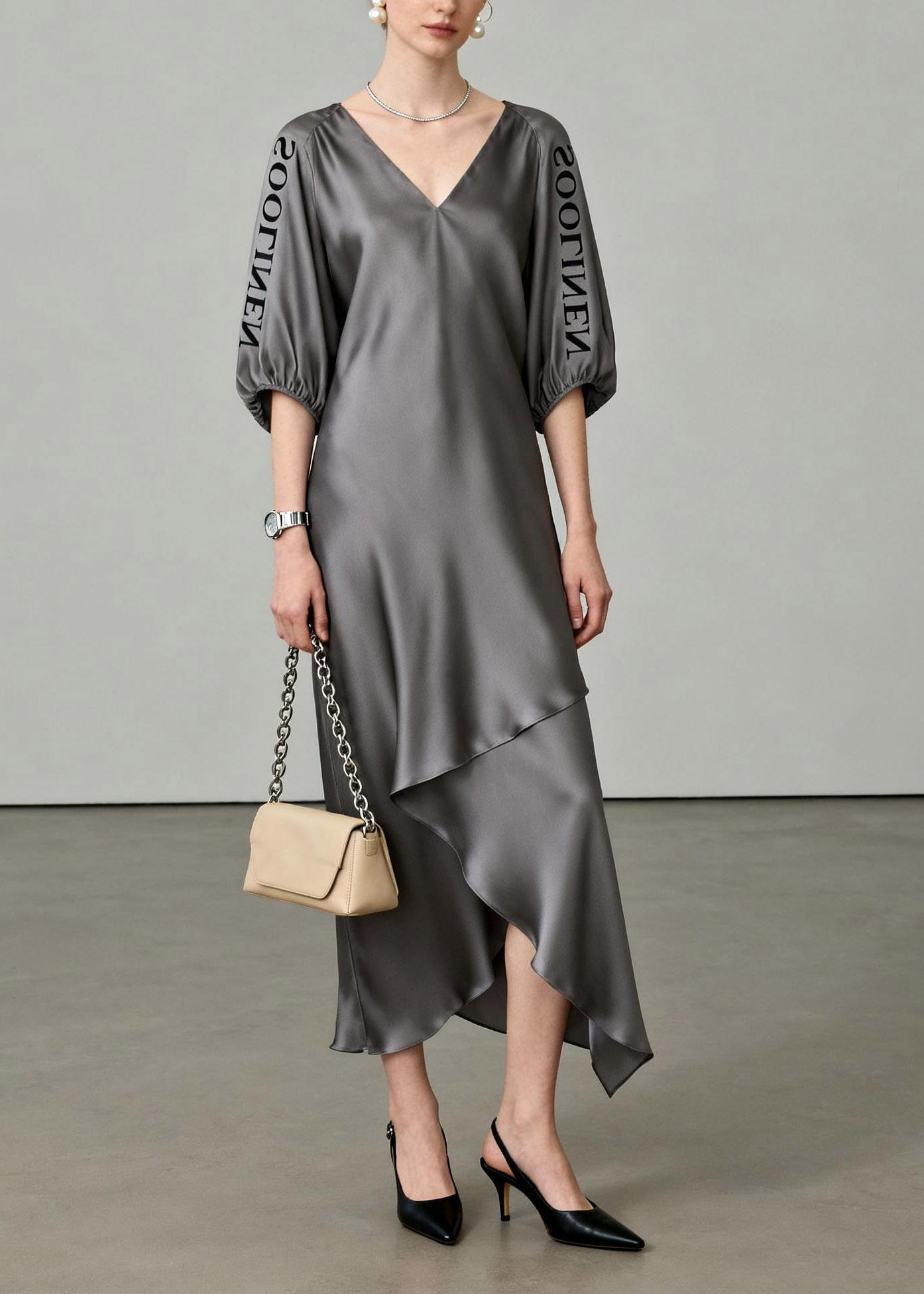 Grey Asymmetrical Maxi Dresses V Neck Lantersleeve