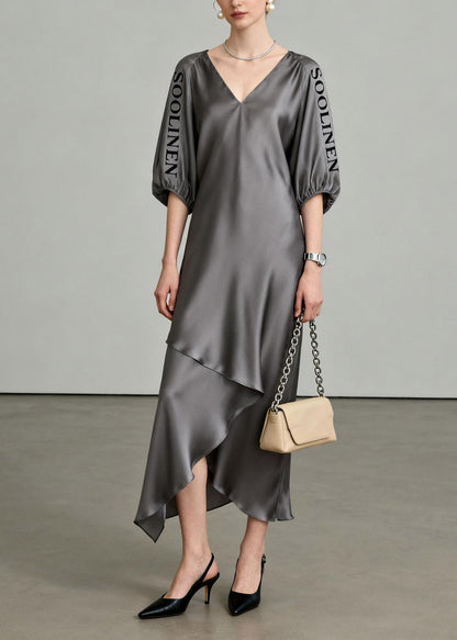 Grey Asymmetrical Maxi Dresses V Neck Lantersleeve