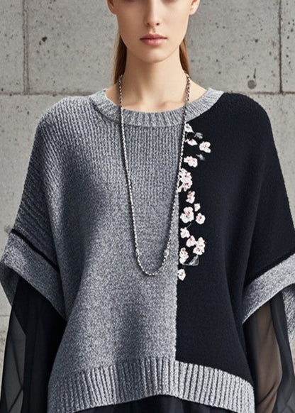 Grey Asymmetrical Patchwork Tulle Knitted Tops Fall