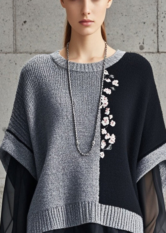 Grey Asymmetrical Patchwork Tulle Knitted Tops Fall