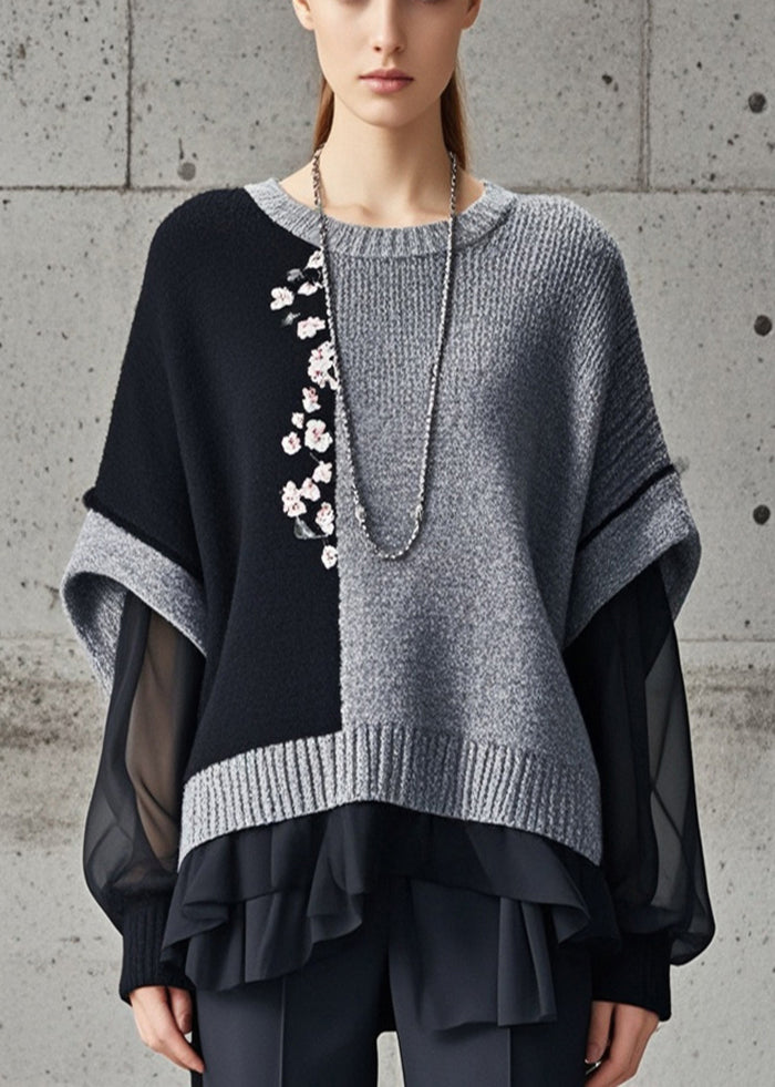 Grey Asymmetrical Patchwork Tulle Knitted Tops Fall