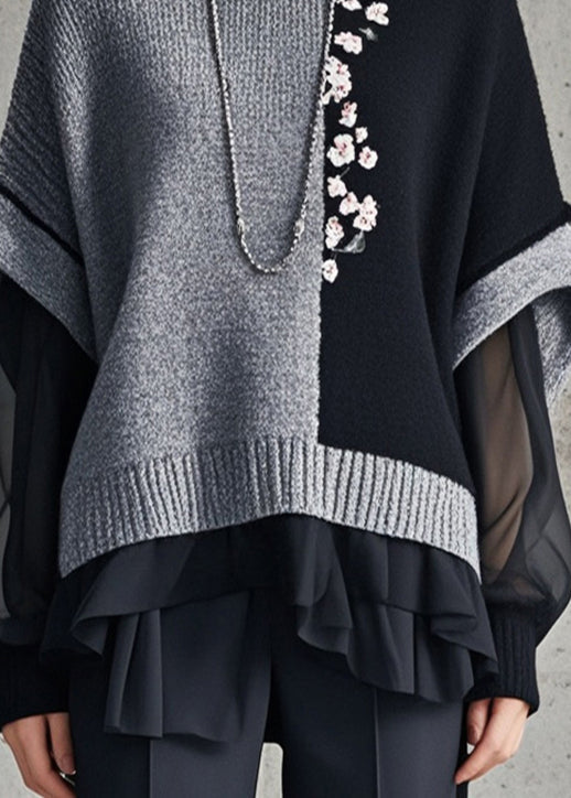 Grey Asymmetrical Patchwork Tulle Knitted Tops Fall