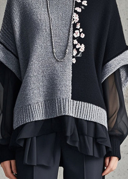Grey Asymmetrical Patchwork Tulle Knitted Tops Fall