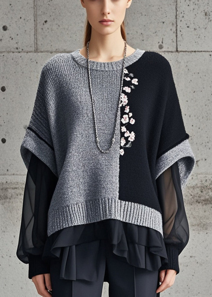 Grey Asymmetrical Patchwork Tulle Knitted Tops Fall