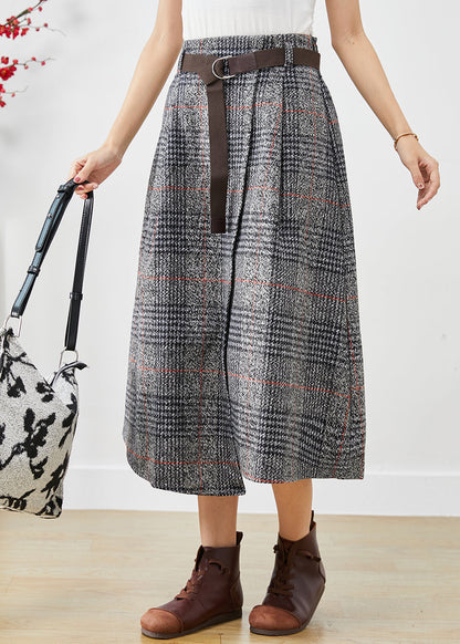 Grey Asymmetrical Plaid Woolen a Line Skirts Fall