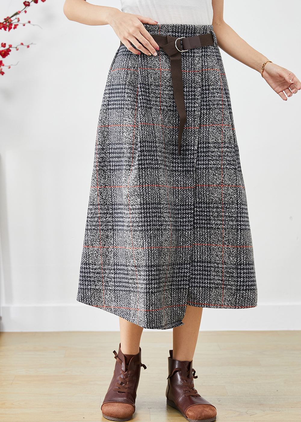 Grey Asymmetrical Plaid Woolen a Line Skirts Fall