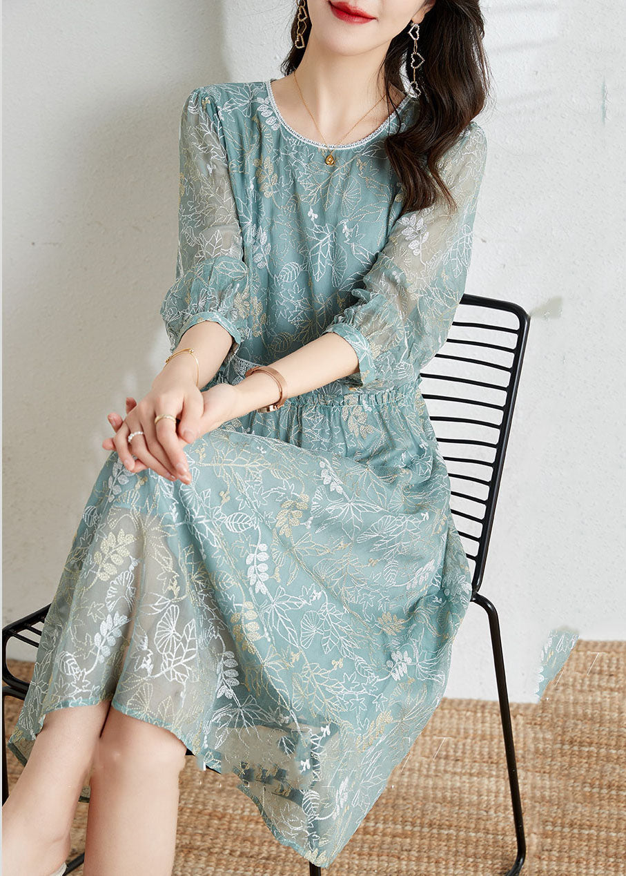 Grey Blue Hollow Out Printing Silk Dress Long Sleeve