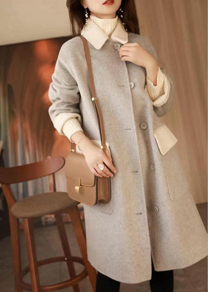 Grey Button Pockets Patchwork Woolen Long Coat Fall