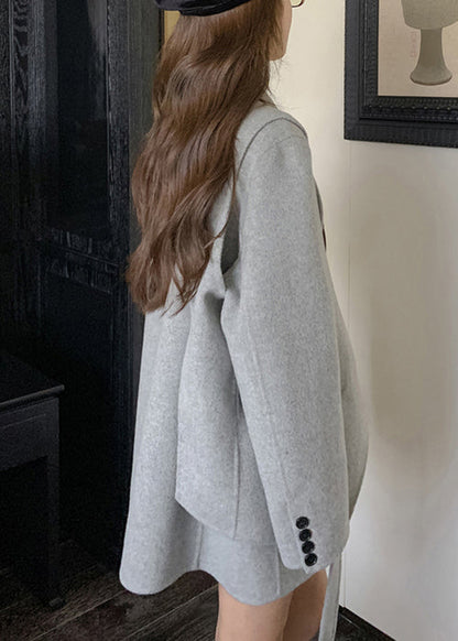Grey Button Pockets Patchwork Woolen Two Pieces Set Fall