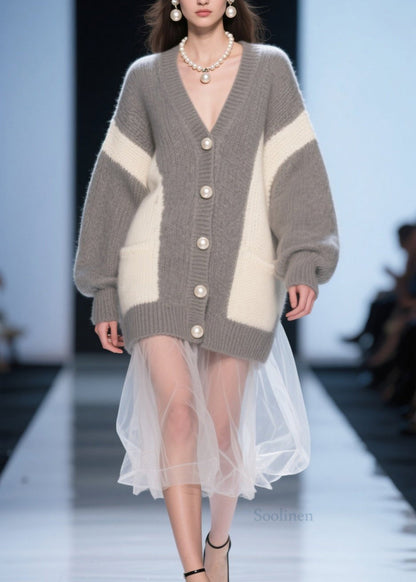 Grey Button Tulle Patchwork Knit Cardigan Fall