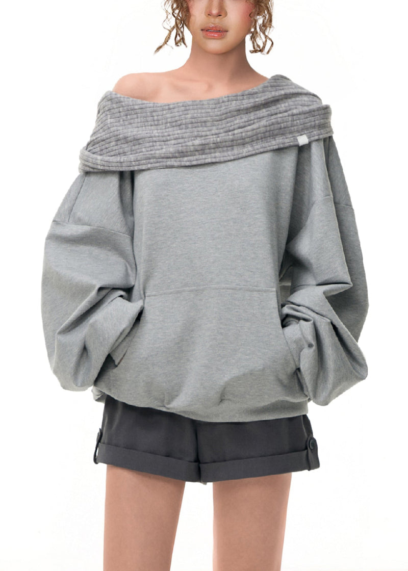 Grey Cold Shoulder Patchwork Cotton Sweatshirt Fall