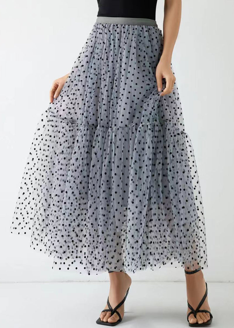 Grey Dot Wrinkled Patchwork Elastic Waist Tulle Skirt Spring