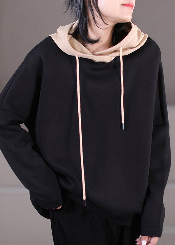 Grey Drawstring Knit Patchwork Hooded Sweatshirt Fall