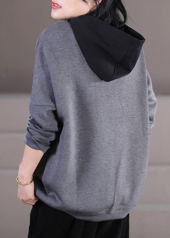 Grey Drawstring Knit Patchwork Hooded Sweatshirt Fall