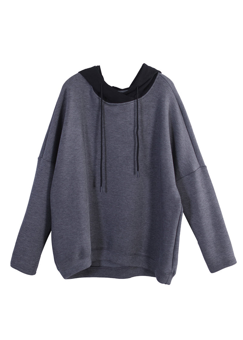 Grey Drawstring Knit Patchwork Hooded Sweatshirt Fall