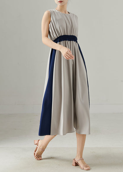 Grey Elastic Waist Patchwork Chiffon Holiday Dress Summer