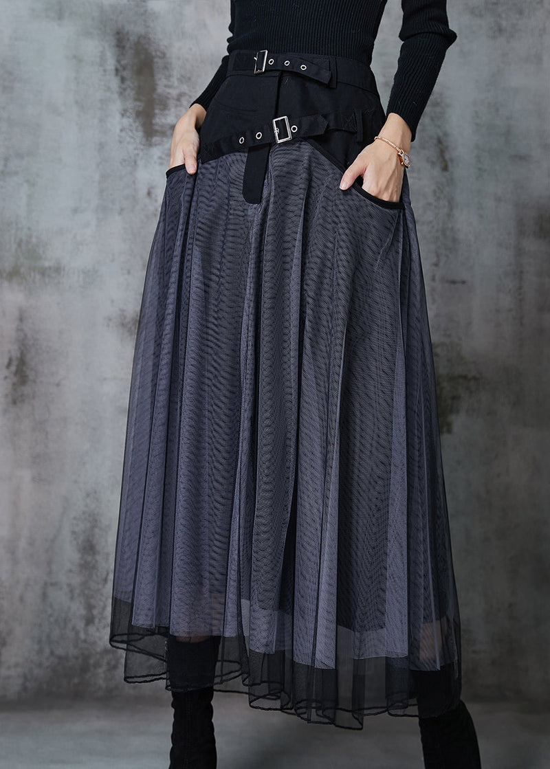 Grey Exra Large Hem Patchwork Tulle Pleated Skirt Spring