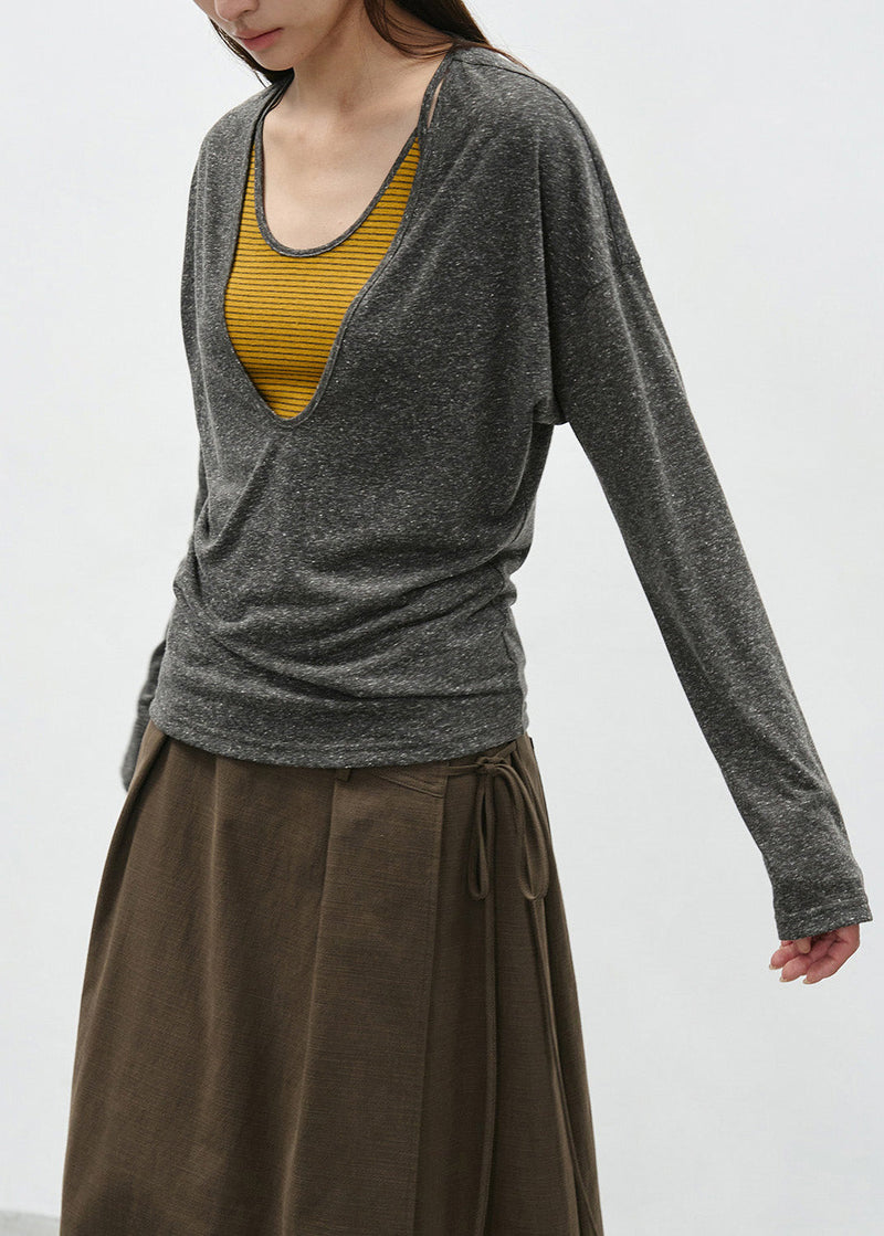 Grey False Two Pieces Patchwork Cotton T Shirts Spring