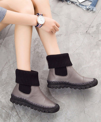 Grey Faux Leather Boots Knit Splicing Boots