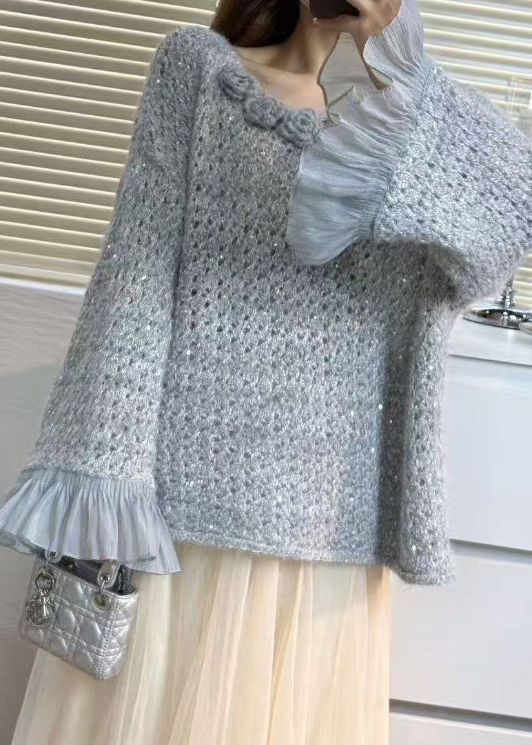 Grey Flower Patchwork Tulle Sweater Tops Flare Sleeve
