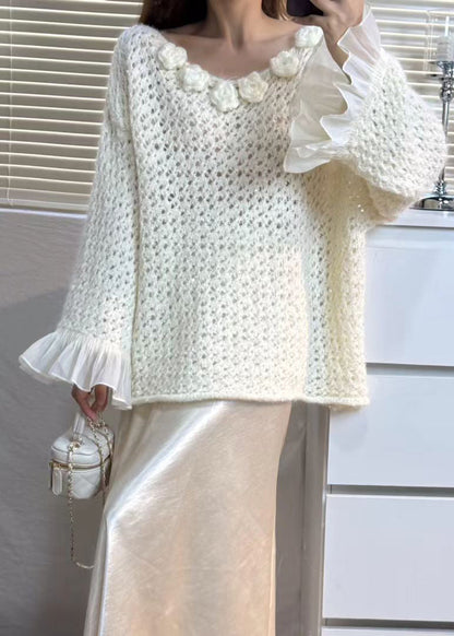 Grey Flower Patchwork Tulle Sweater Tops Flare Sleeve