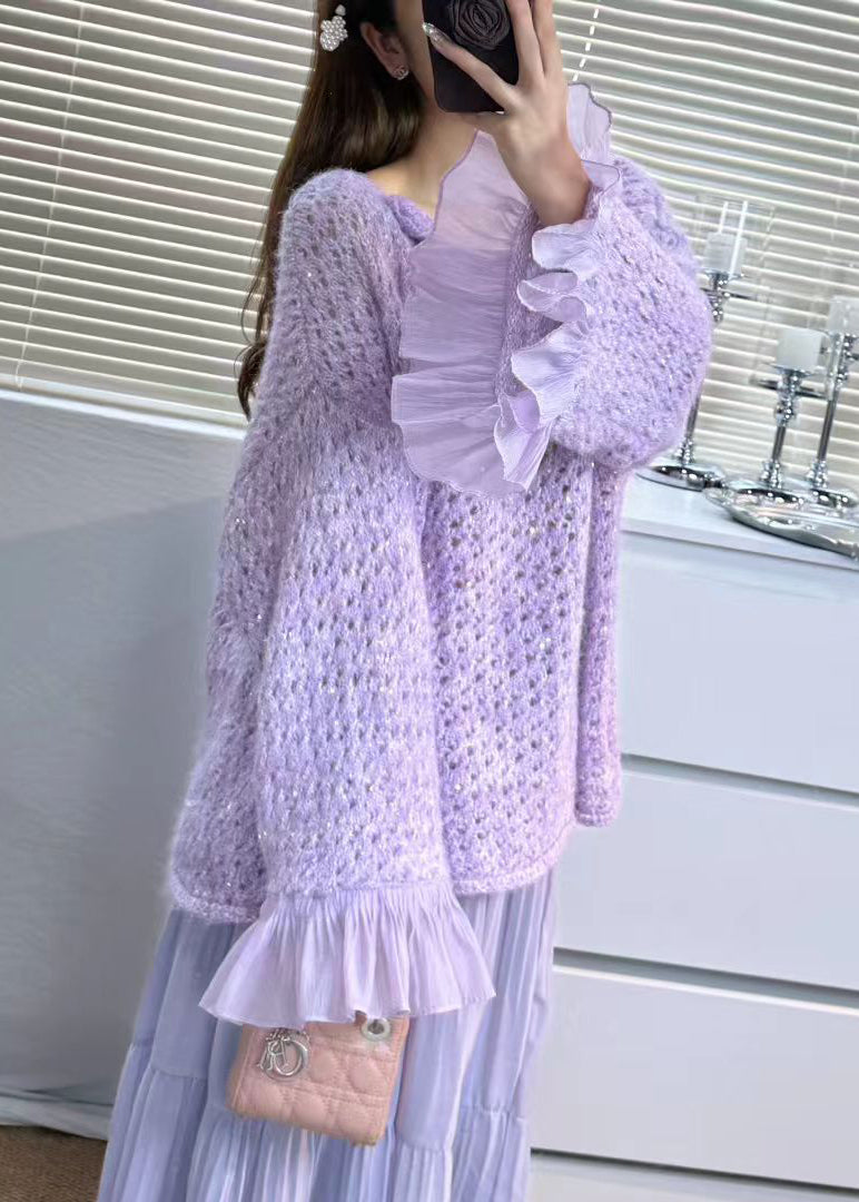 Grey Flower Patchwork Tulle Sweater Tops Flare Sleeve