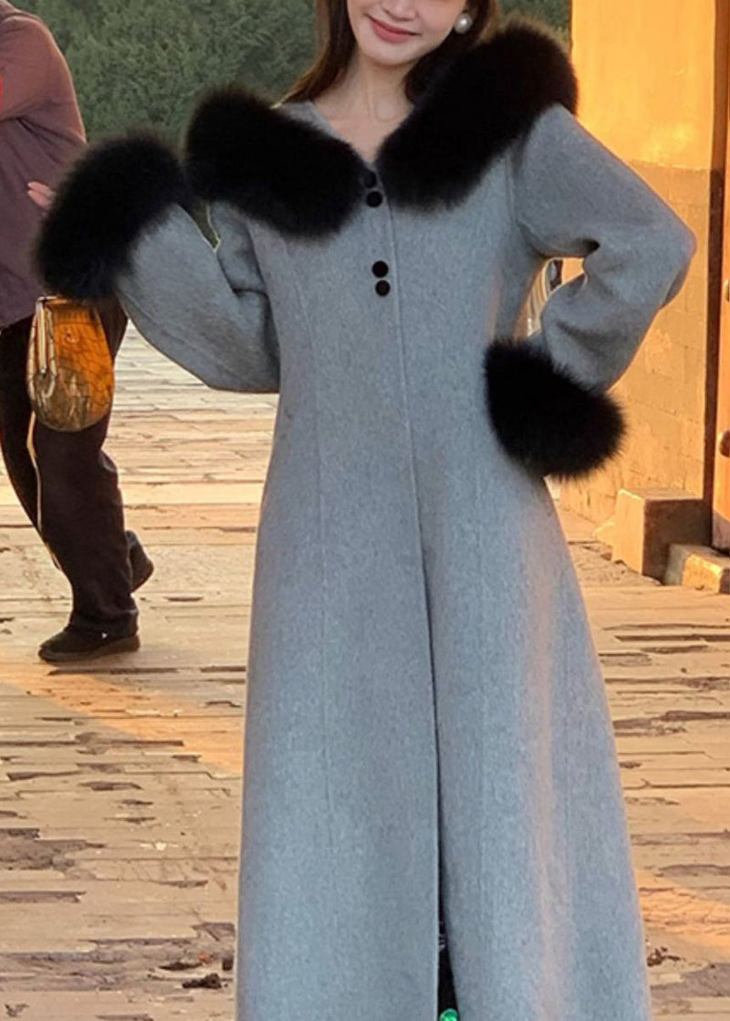 Grey Fur Collar Patchwork Woolen Coat Spring
