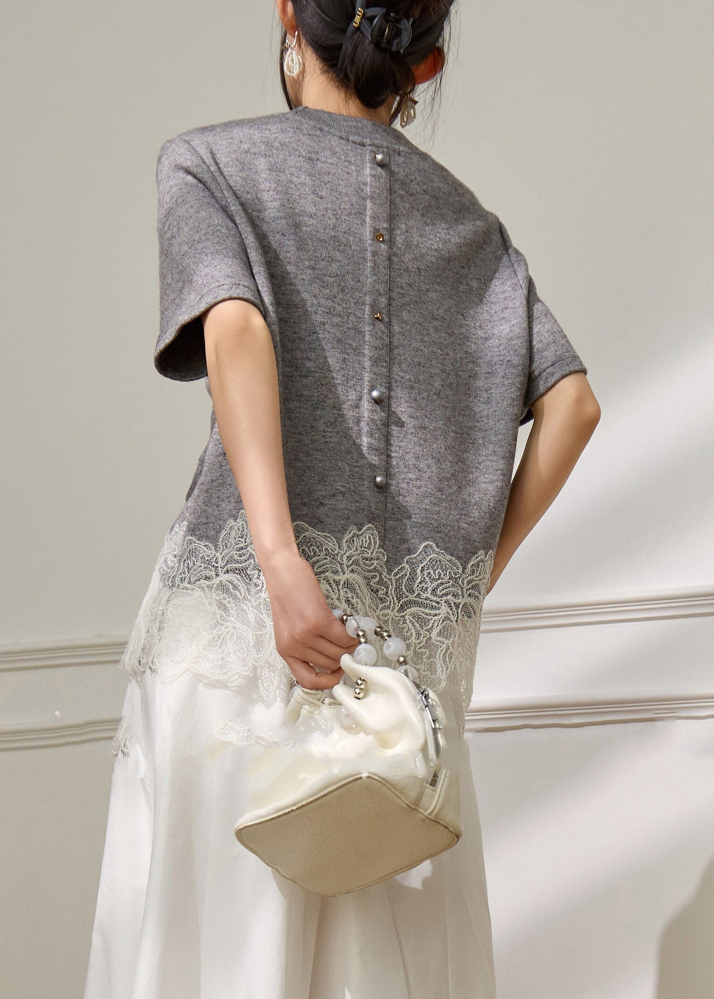 Grey Lace Patchwork Top Short Sleeve